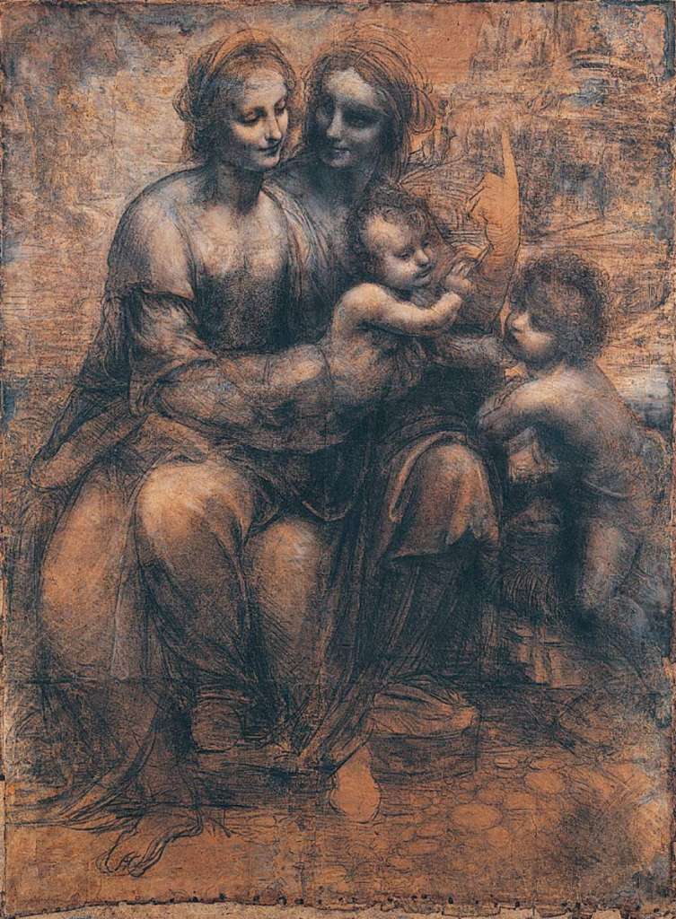 London National Gallery Next 20 06 Leonardo da Vinci - The Virgin and Child with Saint Anne and Saint John the Baptist Leonardo da Vinci - The Virgin and Child with St. Anne and St. John the Baptist, 14991500, 105  42 cm. Leonardos cartoon shows the Virgin Mary seated on the knee of her mother, St. Anne, while holding the Christ Child, who is blessing St. John the Baptist. The detail in the darkest shadows and brightest highlights gives the faces a mysterious radiance. The completed oil version in the Louvre in Paris.